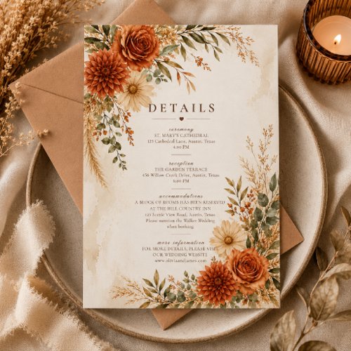 Boho Wild Terracotta Garden Wedding Details Card