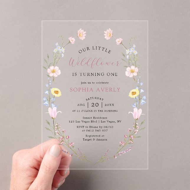 Boho Wildflower 1st Birthday Garden Acrylic Invitations (Insitu (Handheld))