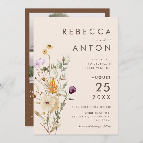 Boho Wildflower 3 Photo Collage QR Code Wedding Invitation