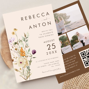 Boho Wildflower 3 Photo Collage QR Code Wedding Invitation