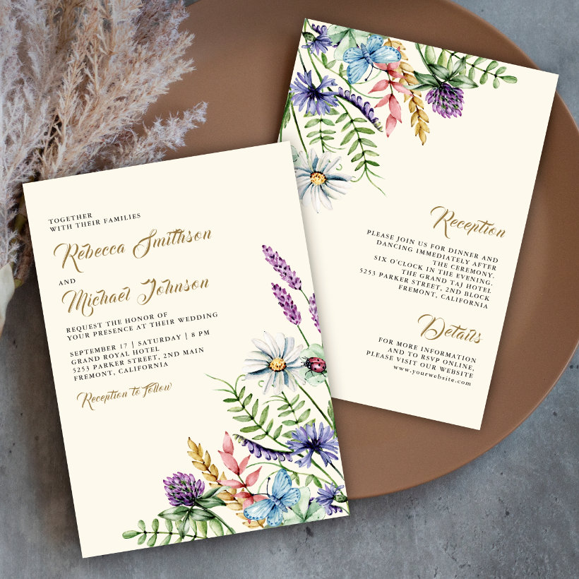 Boho Wildflower All in One Cream Wedding Invitation (Creator Uploaded)