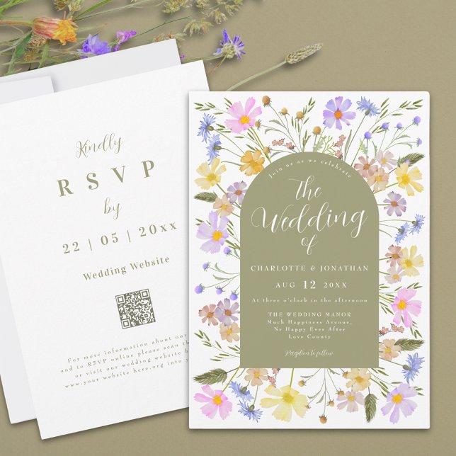 Boho Wildflower Arch Spring Wedding Invitation (Boho wildflower sage green arch wedding invitation with qr code)