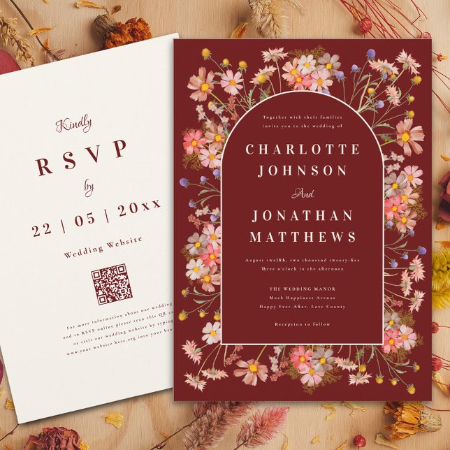 Boho Wildflower Arch Terracotta Fall Wedding Invitation (Wildflower arch elegant script burgundy terracotta fall wedding invitation with QR code)