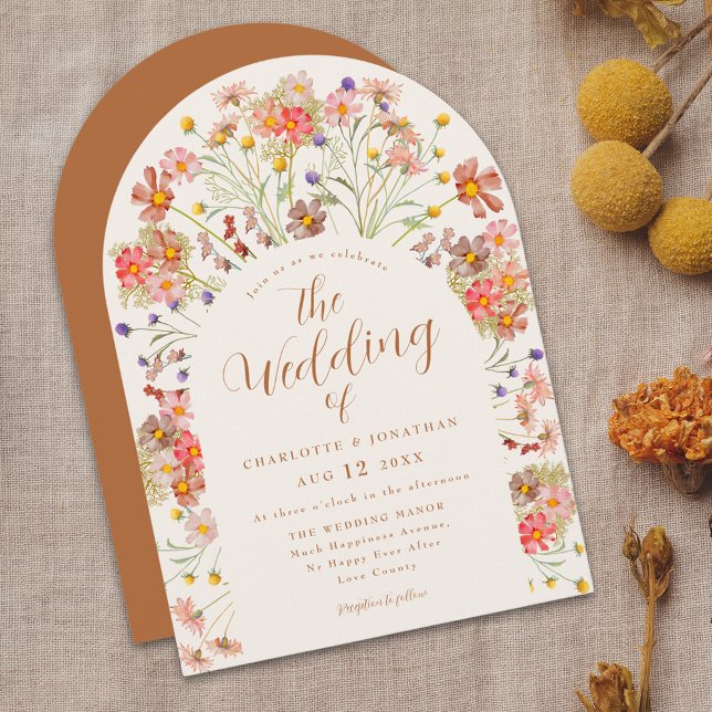 Boho Wildflower Arch Terracotta Fall Wedding Invitation (Boho wildflower arch terracotta burnt orange fall wedding invitation with elegant script)