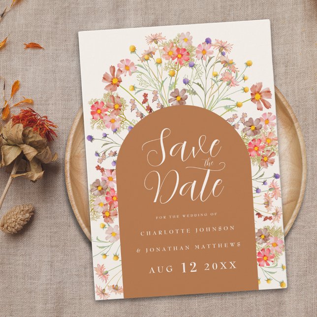 Boho Wildflower Arch Wedding Save The Date (Boho wildflower floral arch fall wedding save the date Invitation elegant script watercolor flowers)