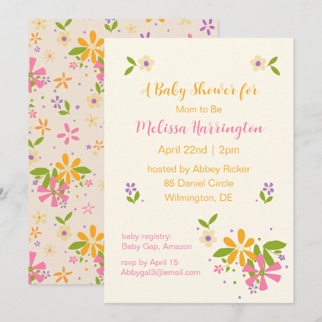 Boho Wildflower Baby Girl Shower Invitation (Front/Back)