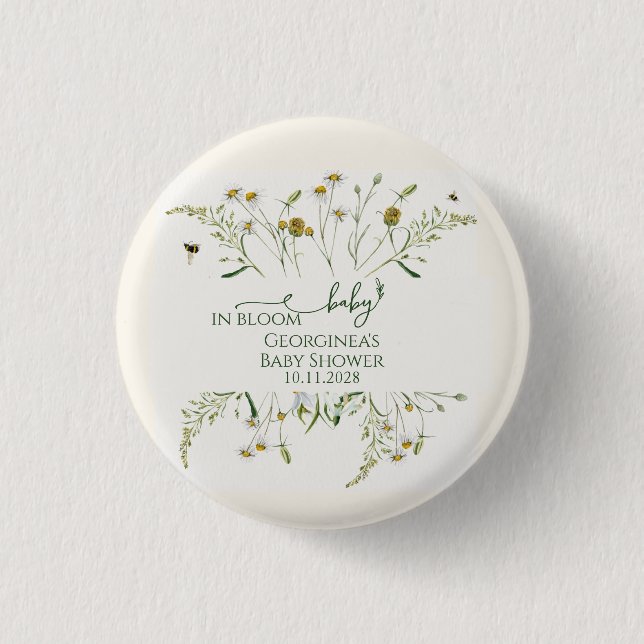 Boho Wildflower Baby in Bloom Baby Shower  Button (Front)