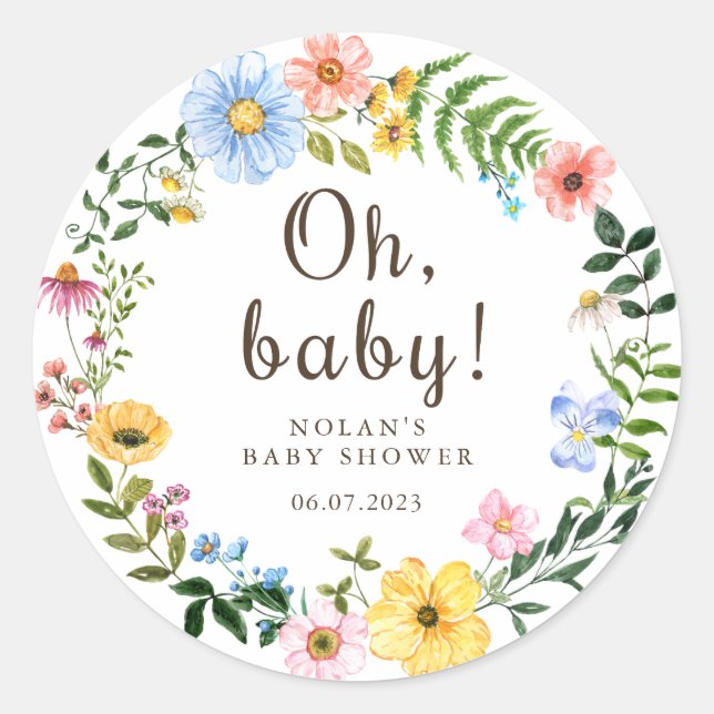 Boho Wildflower Baby Shower Sticker Favor Label (Front)