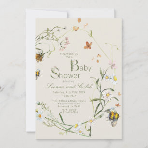 Boho Wildflower Bee Beige Baby Shower Invitation