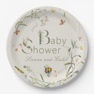 Boho Wildflower Bee Beige Baby Shower Paper Plates