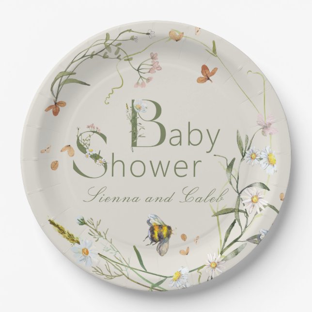 Boho Wildflower Bee Beige Baby Shower Paper Plates (Front)
