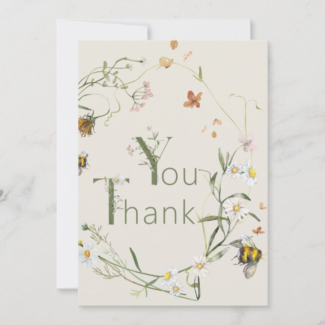 Boho Wildflower Bee Beige Baby Shower  Thank You Card (Front)