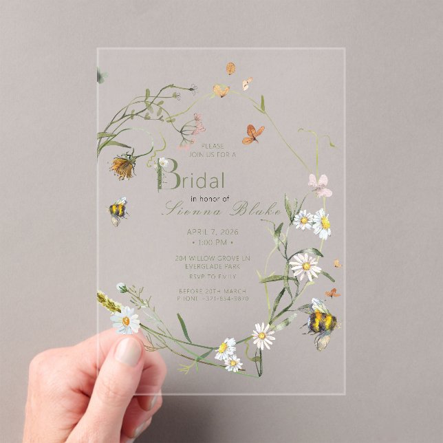 Boho Wildflower Bee Beige Bridal Shower Acrylic Invitations (Insitu (Handheld))