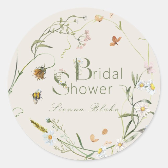 Boho Wildflower Bee Beige Bridal Shower Classic Round Sticker (Front)
