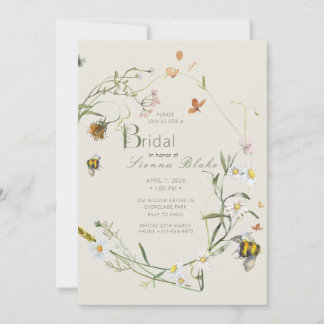 Boho Wildflower Bee Beige Bridal Shower Invitation