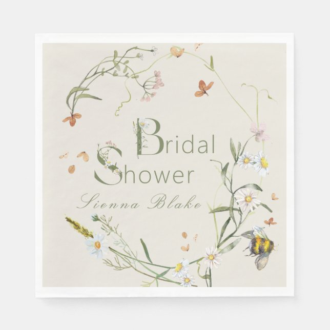Boho Wildflower Bee Beige Bridal Shower Napkins (Front)