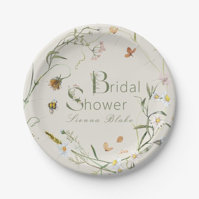 Boho Wildflower Bee Beige Bridal Shower Paper Plates (Front)