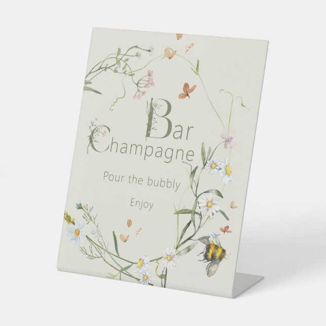Boho Wildflower Bee Bridal Shower Champagne Bar Pedestal Sign (Front)