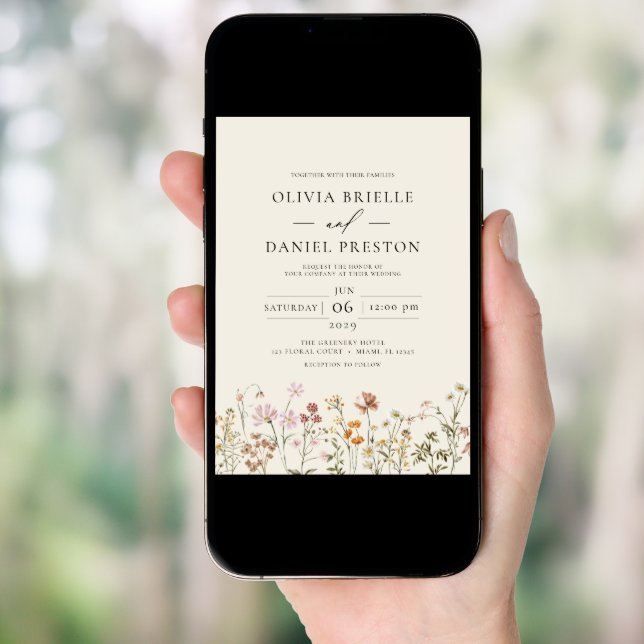 Boho Wildflower Beige All in One QR Code Wedding Invitation (Front Digital)