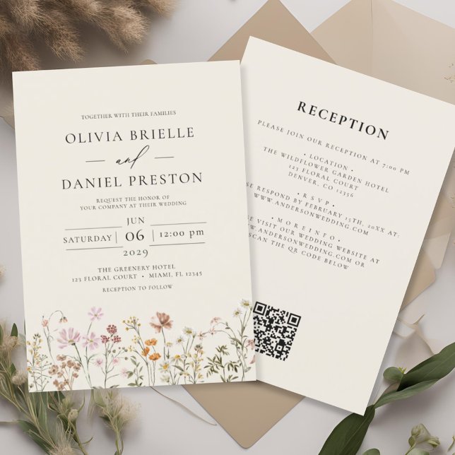 Boho Wildflower Beige All in One QR Code Wedding Invitation (Creator Uploaded)