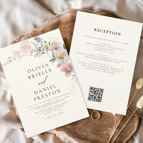 Boho Wildflower Beige All in One QR Code Wedding Invitation