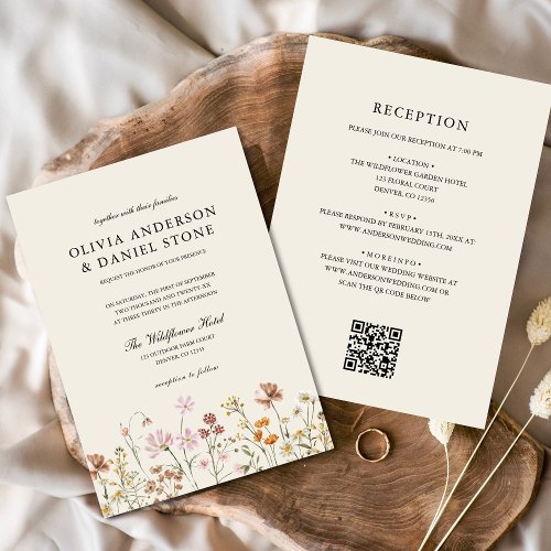 Boho Wildflower Beige All in One QR Code Wedding Invitation