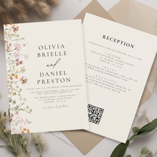 Boho Wildflower Beige All in One QR Code Wedding Invitation