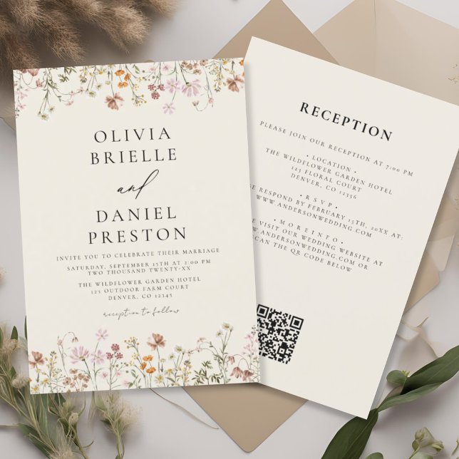 Boho Wildflower Beige All in One QR Code Wedding Invitation (Creator Uploaded)