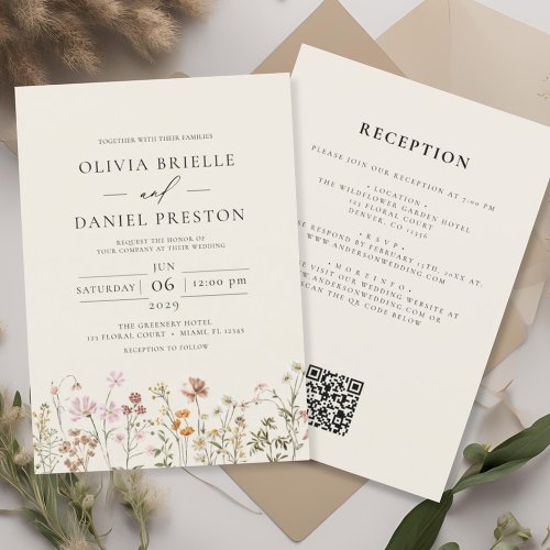 Boho Wildflower Beige All in One QR Code Wedding Invitation