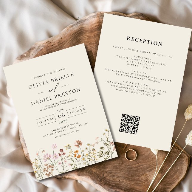 Boho Wildflower Beige All in One QR Code Wedding Invitation (Creator Uploaded)