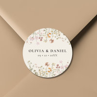 Boho Wildflower Beige Garden Wedding Classic Round Sticker