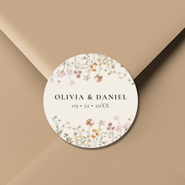 Boho Wildflower Beige Garden Wedding Classic Round Sticker (Creator Uploaded)