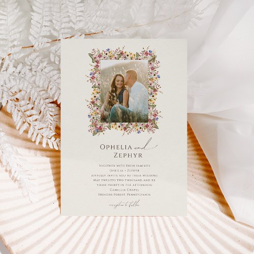 Boho Wildflower  Beige Meadow Photo Frame Wedding Invitation