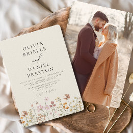 Boho Wildflower Beige Photo Garden Wedding Invitation