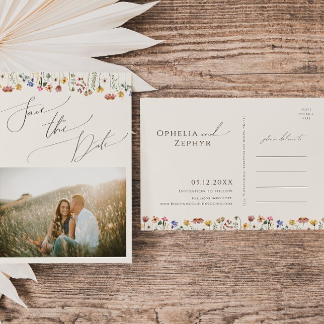 Boho Wildflower Beige Photo Save The Date Postcard (Creator Uploaded)
