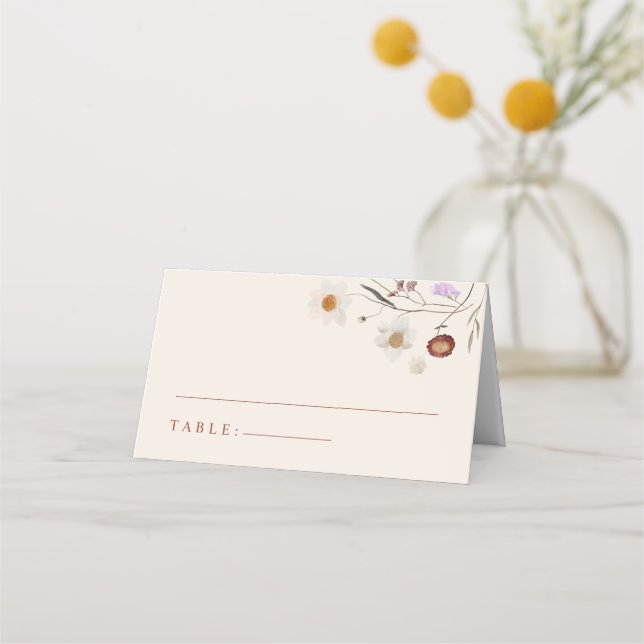 Boho Wildflower Beige Wedding Place Cards  (Front)