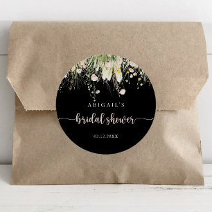 Boho Wildflower Black Bridal Shower Favor Classic Round Sticker
