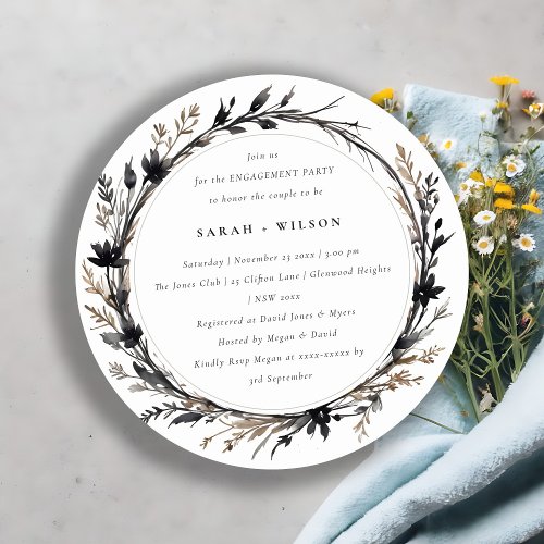 Boho Wildflower Black Brown Fall Wreath Engagement Invitation