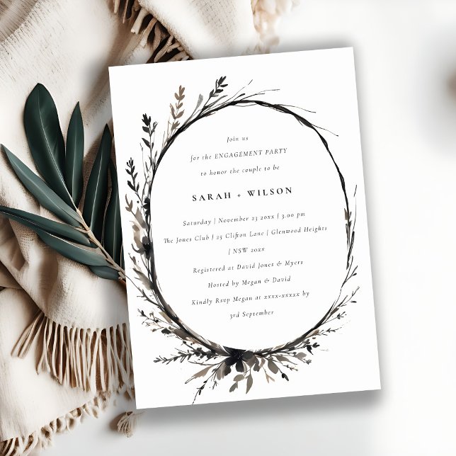 Boho Wildflower Black Brown Fall Wreath Engagement Invitation (Creator Uploaded)