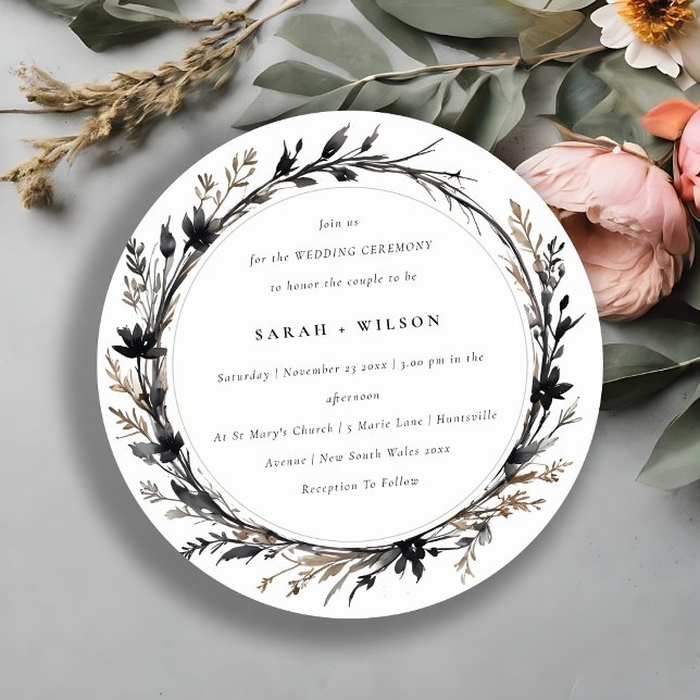 Boho Wildflower Black Brown Fall Wreath Wedding Invitation (Creator Uploaded)