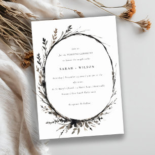 Boho Wildflower Black Brown Fall Wreath Wedding Invitation