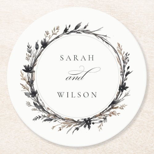 Boho Wildflower Black Brown Fall Wreath Wedding Round Paper Coaster