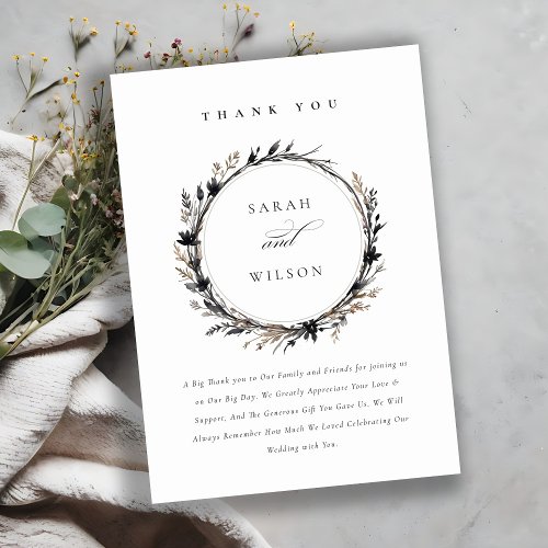 Boho Wildflower Black Brown Fall Wreath Wedding Thank You Card