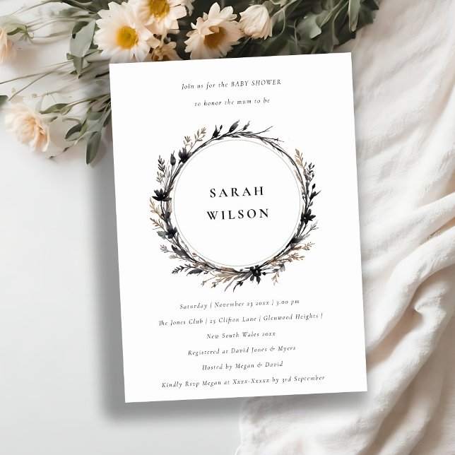 Boho Wildflower Black Fall Wreath Baby Shower Invitation (Creator Uploaded)