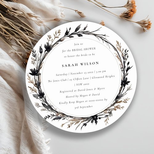 Boho Wildflower Black Fall Wreath Bridal Shower Invitation
