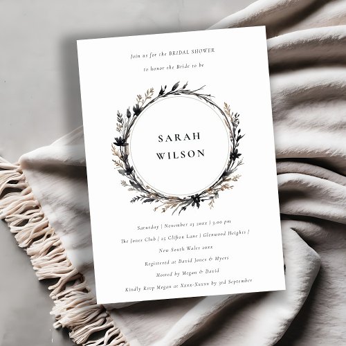 Boho Wildflower Black Fall Wreath Bridal Shower Invitation