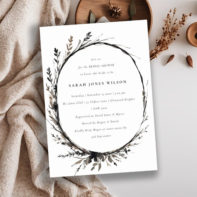 Boho Wildflower Black Fall Wreath Bridal Shower Invitation (Creator Uploaded)