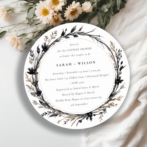 Boho Wildflower Black Fall Wreath Couples Shower Invitation