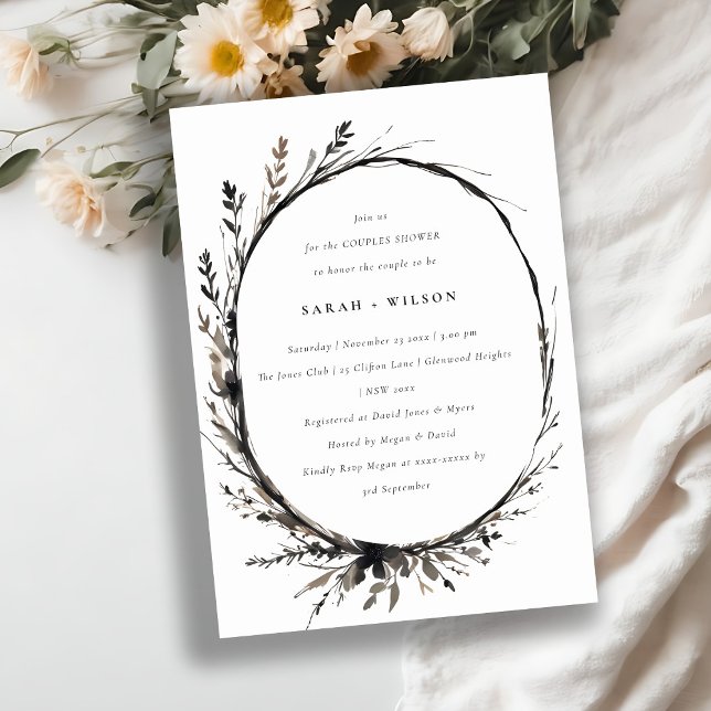 Boho Wildflower Black Fall Wreath Couples Shower Invitation (Creator Uploaded)