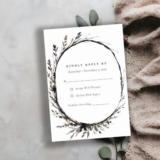 Boho Wildflower Black Fall Wreath Wedding Detail RSVP Card (Creator Uploaded)